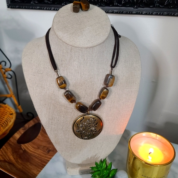 Avon Jewelry - Tigers Eye Gemstone Necklace & Earrings